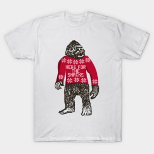 Bigfoot in an Ugly Christmas Sweater that says Here For The Snacks T-Shirt